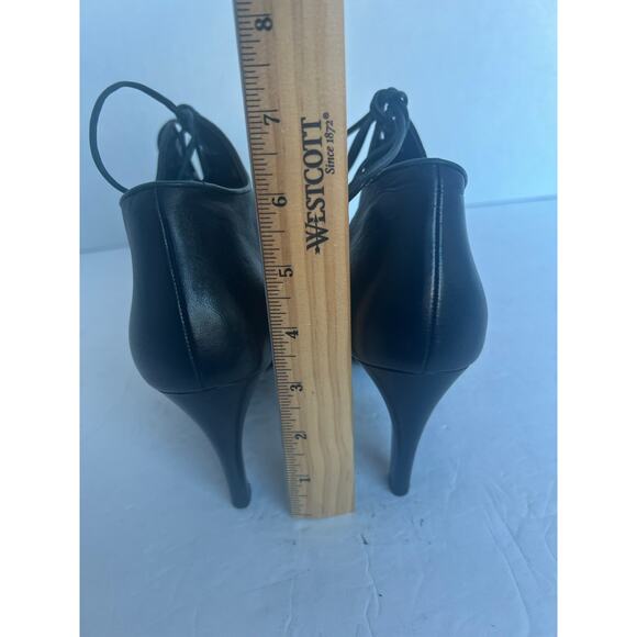 Authentic Loewe Black Leather Side Zip Almond Toe High Heel Blue Tie Booties 5 - Picture 7 of 13